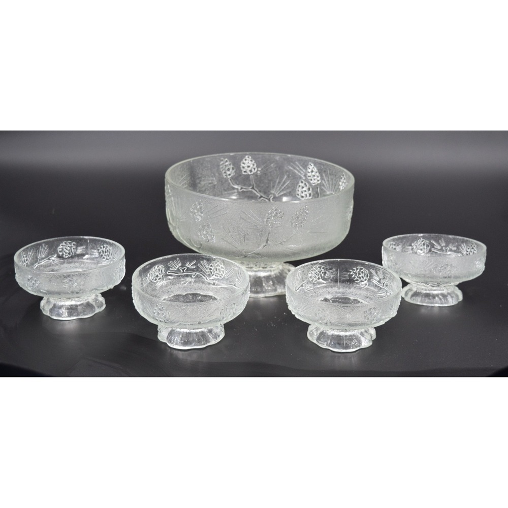 Vintage Pinecone Textured Glass Pedestal Bowl and 4 Serving Cups Set Clear Good